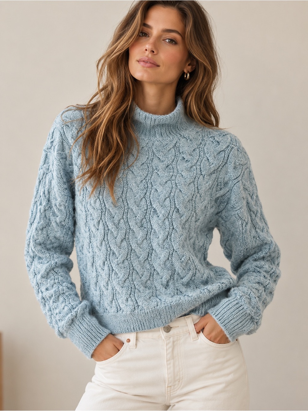 J.Crew NWT Cable Knit Sweater Small Light Blue Mock Neck Pullover Classic